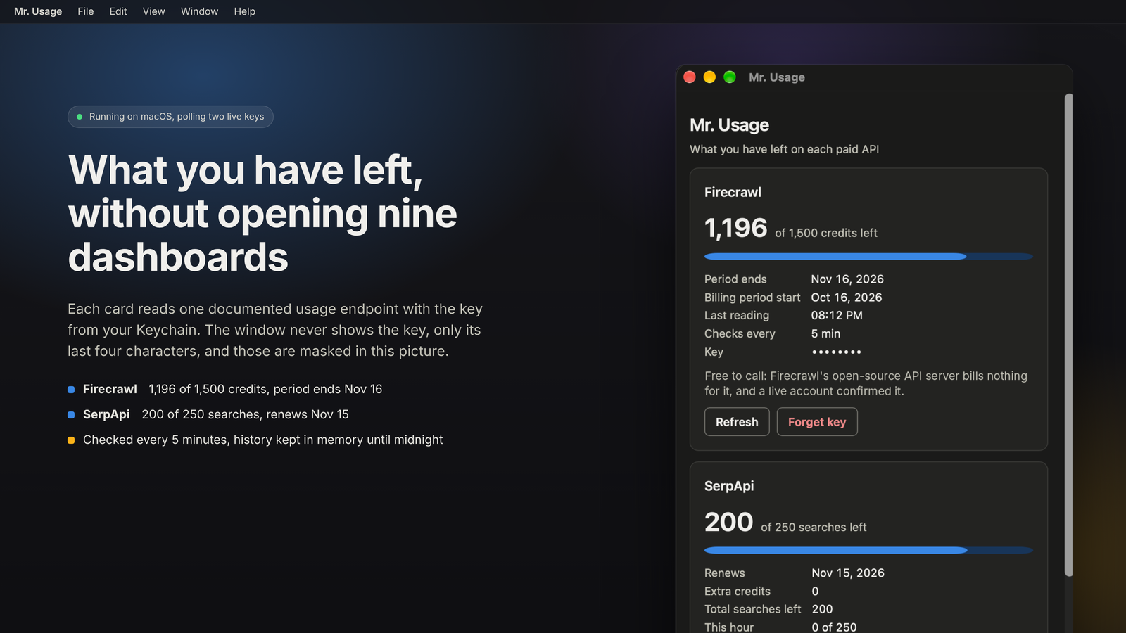 Mr. Usage on macOS: the Firecrawl card shows 1,196 of 1,500 credits left and the SerpApi card 200 of 250 searches, each polled with a key from the Keychain